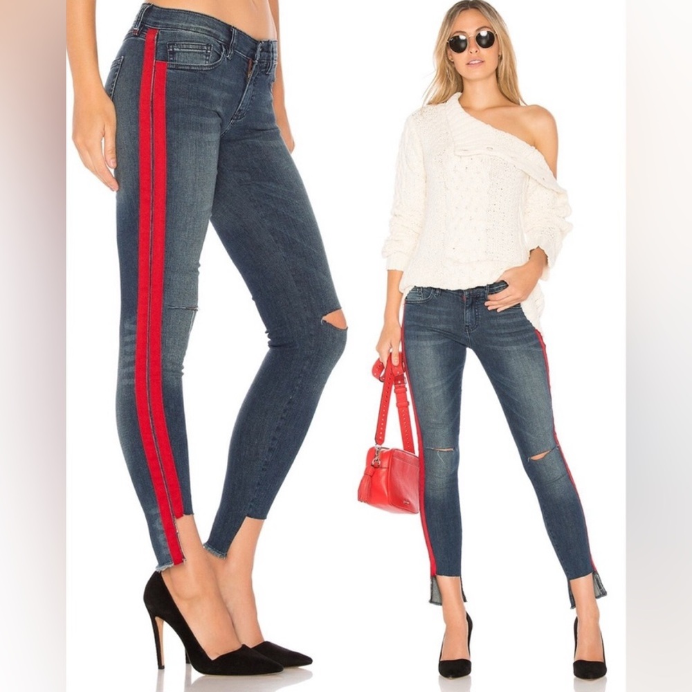 Etienne Marcel Blue Skinny Jeans Red Side Stripe Frayed Hem Designer Size 26